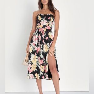 Lulus Symphony Black Floral Satin Strapless Bustier Dress With Pockets